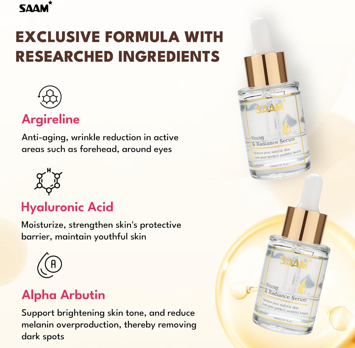 ORANGLES SAAM Young & Radiance Serum – Youthful Glow - angled perspective - presenting advantages - Image 4 of 5 | fits any environment | Purchase SAAM Young & Radiance Serum – Youthful Glow Michigan | Free Shipping ORANGLES