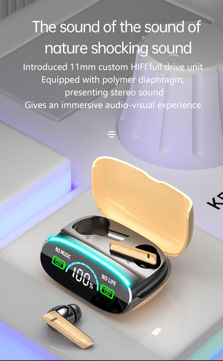 ORANGLES Wood Grain Sports Headphones – Wireless Bluetooth Noise Canceling - detailed closeup view - illustrating benefits - Image 3 of 6 | created for all | Shop Wood Grain Sports Headphones – Wireless Bluetooth Noise Canceling North Carolina | Free Shipping ORANGLES