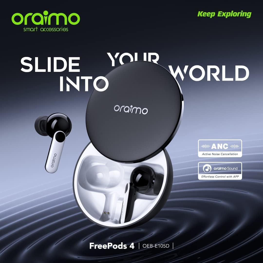ORANGLES Oraimo ANC Wireless Earbuds – Bluetooth Headset Deep Bass - angled perspective - presenting advantages - Image 4 of 4 | fits any environment | Purchase Oraimo ANC Wireless Earbuds – Bluetooth Headset Deep Bass Michigan | Free Shipping ORANGLES